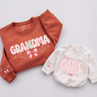 Custom Grandma and Grandma's Girl Matching Sweatshirt & Baby Romper Set with Pink Bow Artwork, Soft Cotton for Family Moments & Gifting