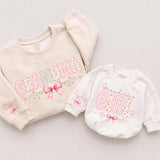 Custom Grandma and Grandma's Girl Matching Sweatshirt & Baby Romper Set with Pink Bow Artwork, Soft Cotton for Family Moments & Gifting