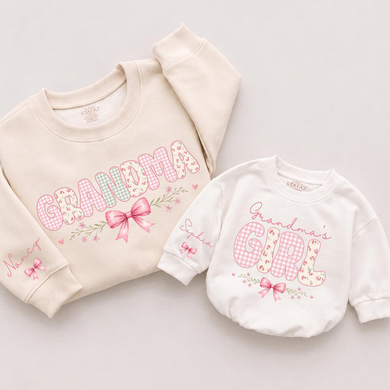 Custom Grandma and Grandma's Girl Matching Sweatshirt & Baby Romper Set with Pink Bow Artwork, Soft Cotton for Family Moments & Gifting