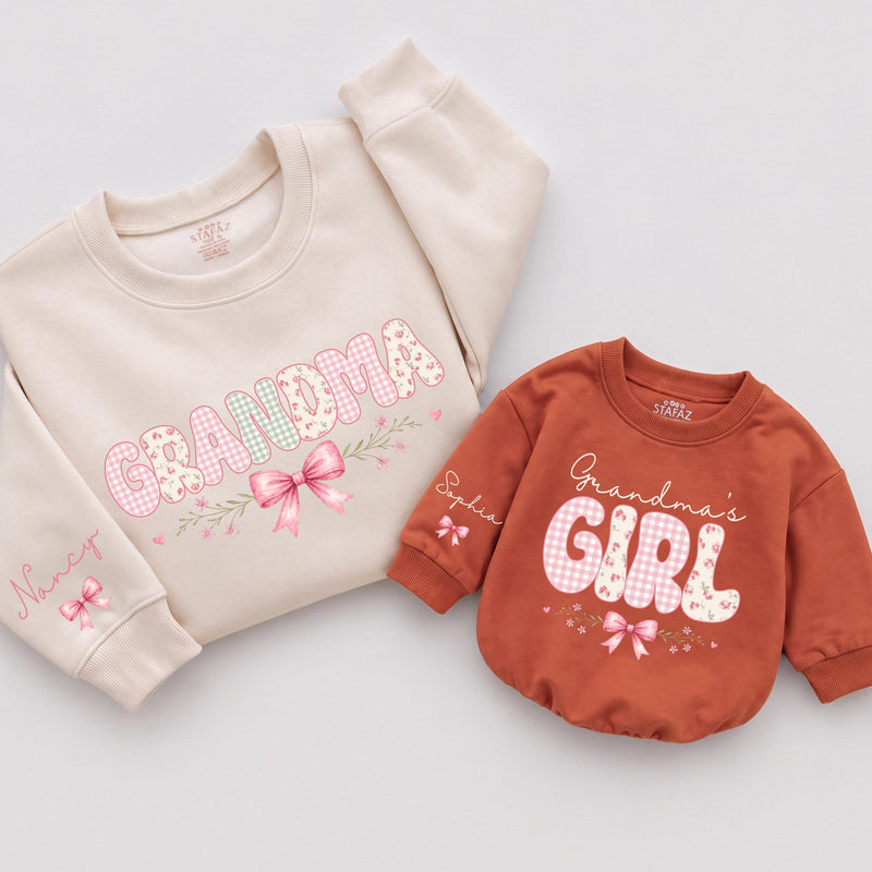 Custom Grandma and Grandma's Girl Matching Sweatshirt & Baby Romper Set with Pink Bow Artwork, Soft Cotton for Family Moments & Gifting