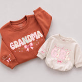 Custom Grandma and Grandma's Girl Matching Sweatshirt & Baby Romper Set with Pink Bow Artwork, Soft Cotton for Family Moments & Gifting