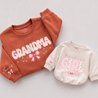 Custom Grandma and Grandma's Girl Matching Sweatshirt & Baby Romper Set with Pink Bow Artwork, Soft Cotton for Family Moments & Gifting