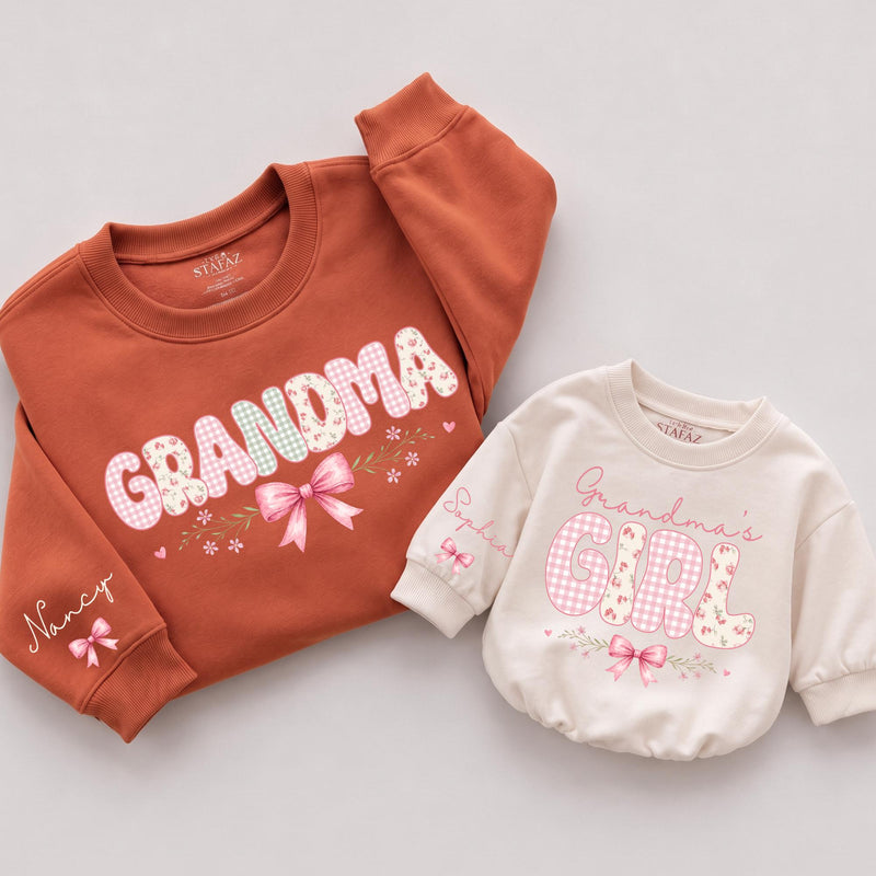 Custom Grandma and Grandma's Girl Matching Sweatshirt & Baby Romper Set with Pink Bow Artwork, Soft Cotton for Family Moments & Gifting