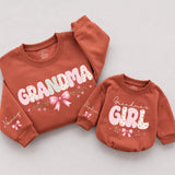 Custom Grandma and Grandma's Girl Matching Sweatshirt & Baby Romper Set with Pink Bow Artwork, Soft Cotton for Family Moments & Gifting