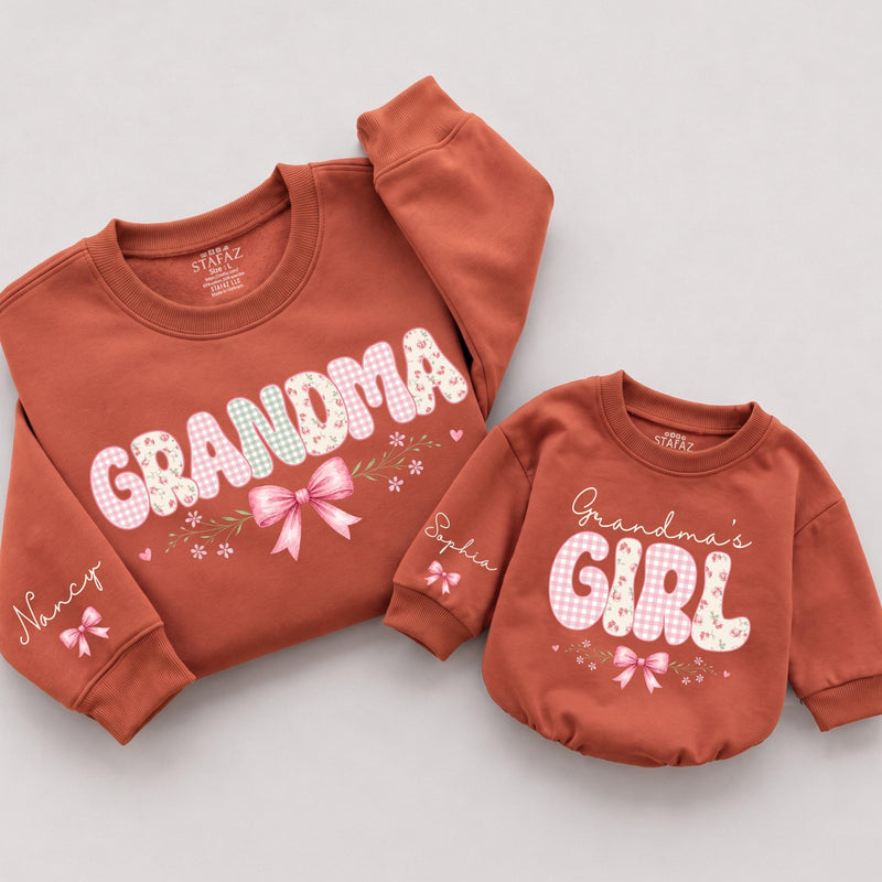Custom Grandma and Grandma's Girl Matching Sweatshirt & Baby Romper Set with Pink Bow Artwork, Soft Cotton for Family Moments & Gifting