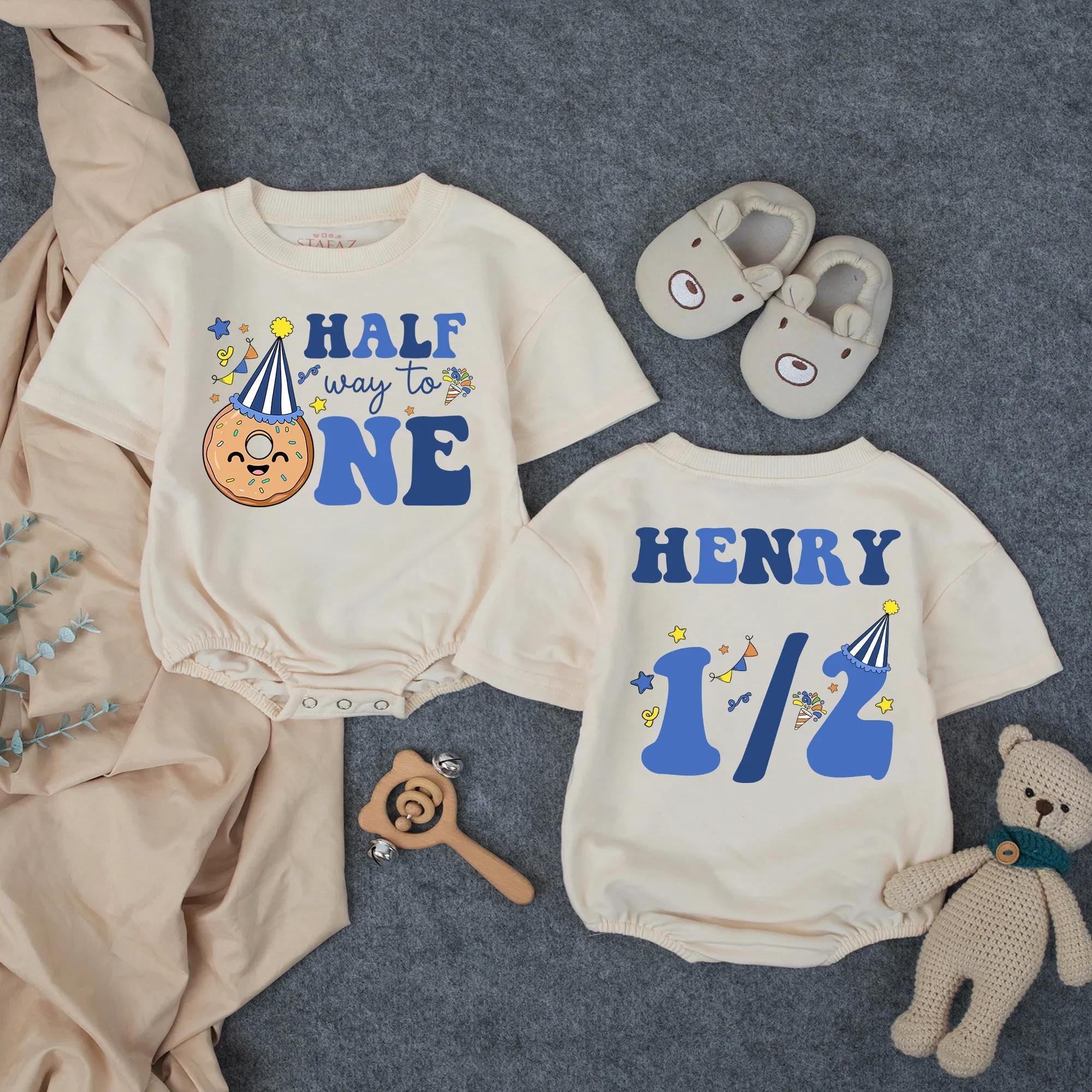 Custom Half Birthday Baby Romper with Donut Party Hat Artwork, Personalized Name, Soft Cotton Milestone Outfit for 6-Month Celebration
