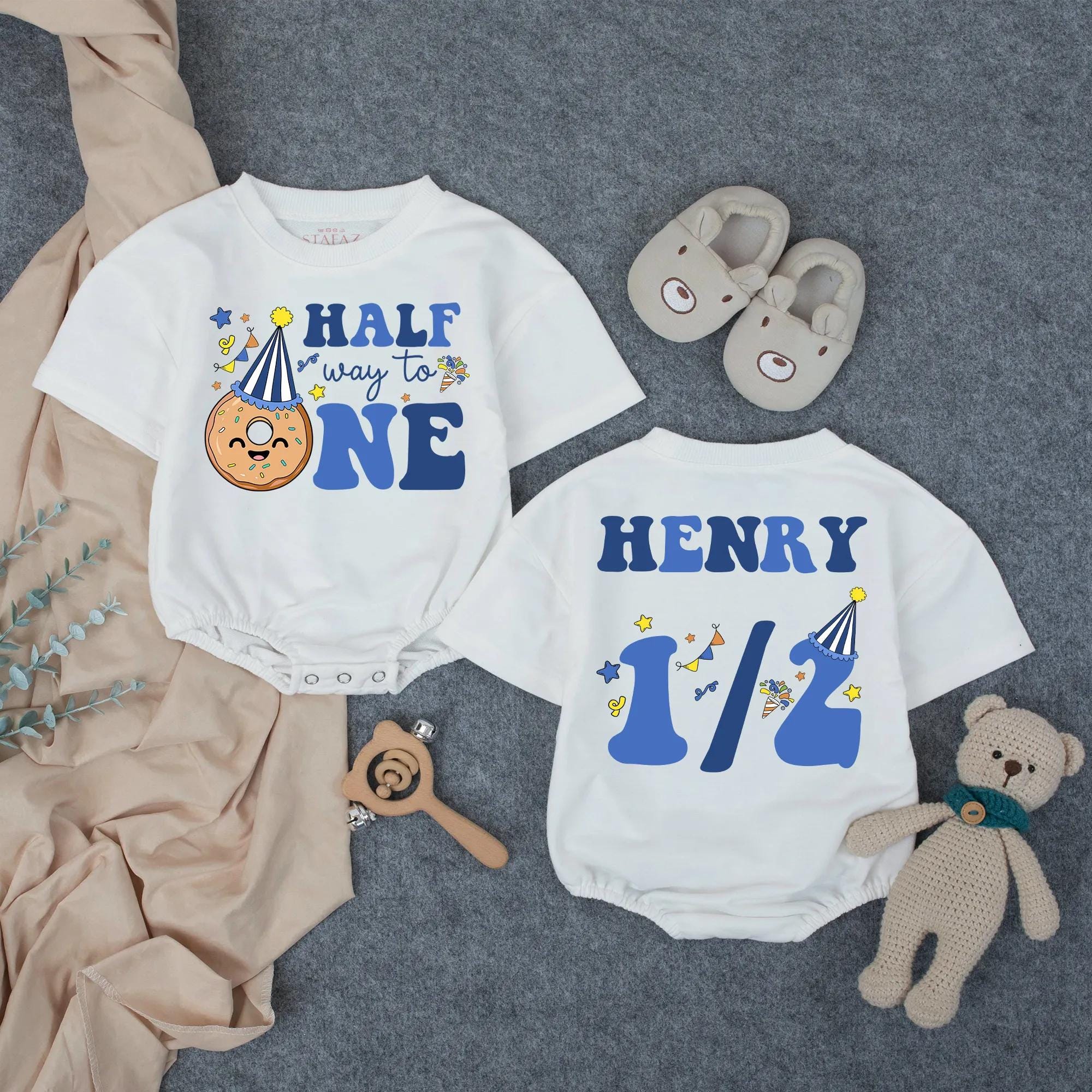Custom Half Birthday Baby Romper with Donut Party Hat Artwork, Personalized Name, Soft Cotton Milestone Outfit for 6-Month Celebration