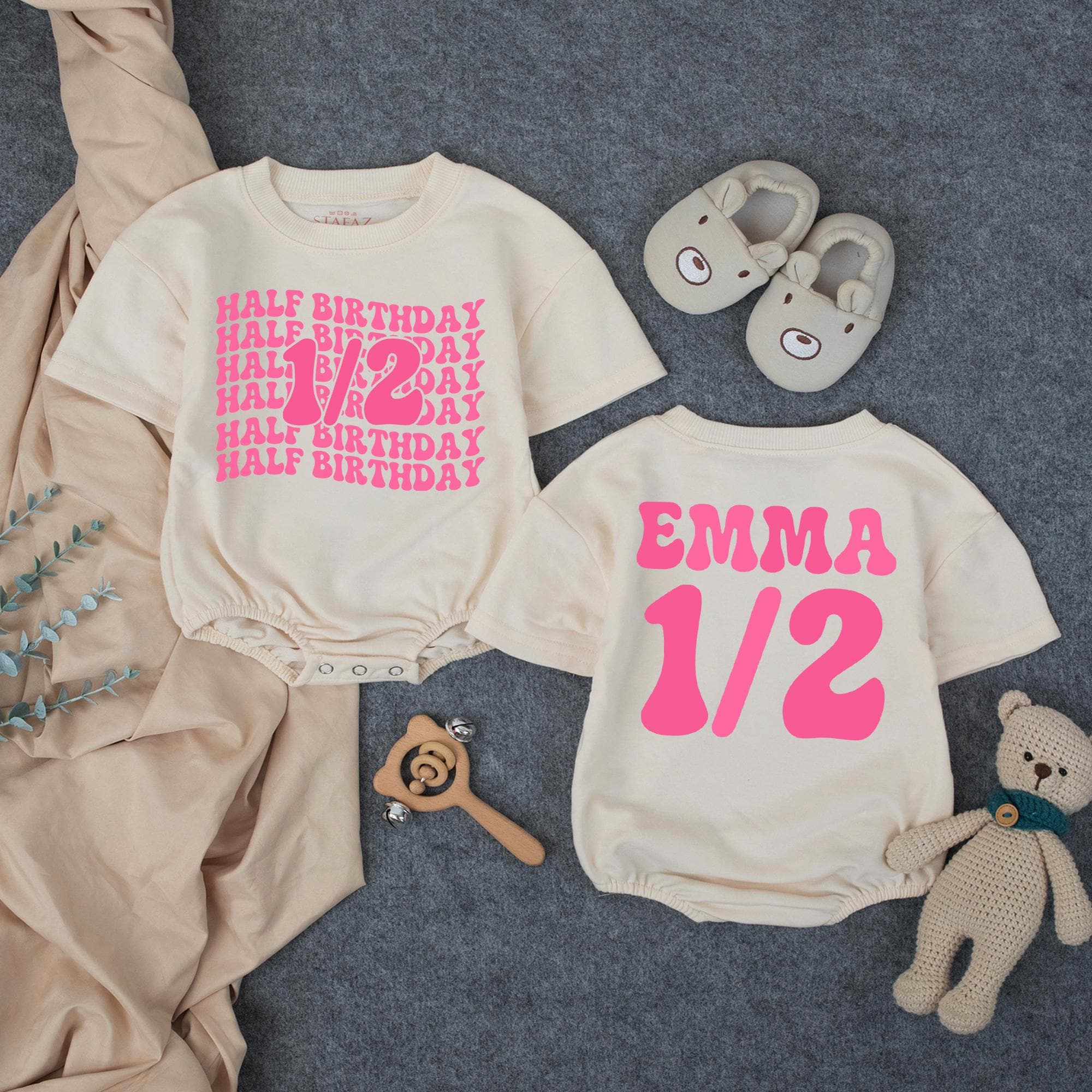 Custom Half Birthday Baby Romper with Groovy Pink Retro Font, Perfect for Milestone Photos, Soft Cotton Outfit for Baby Girls, Half Way to One
