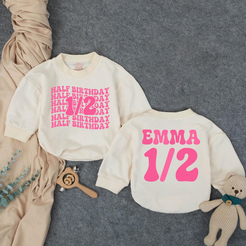 Custom Half Birthday Baby Romper with Groovy Pink Retro Font, Perfect for Milestone Photos, Soft Cotton Outfit for Baby Girls, Half Way to One