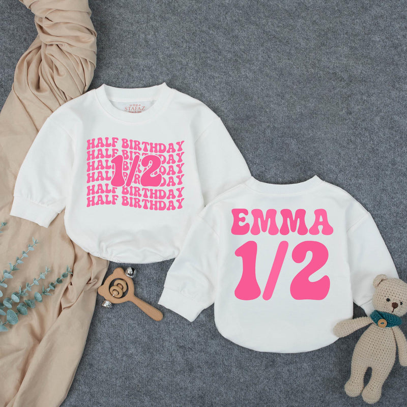Custom Half Birthday Baby Romper with Groovy Pink Retro Font, Perfect for Milestone Photos, Soft Cotton Outfit for Baby Girls, Half Way to One