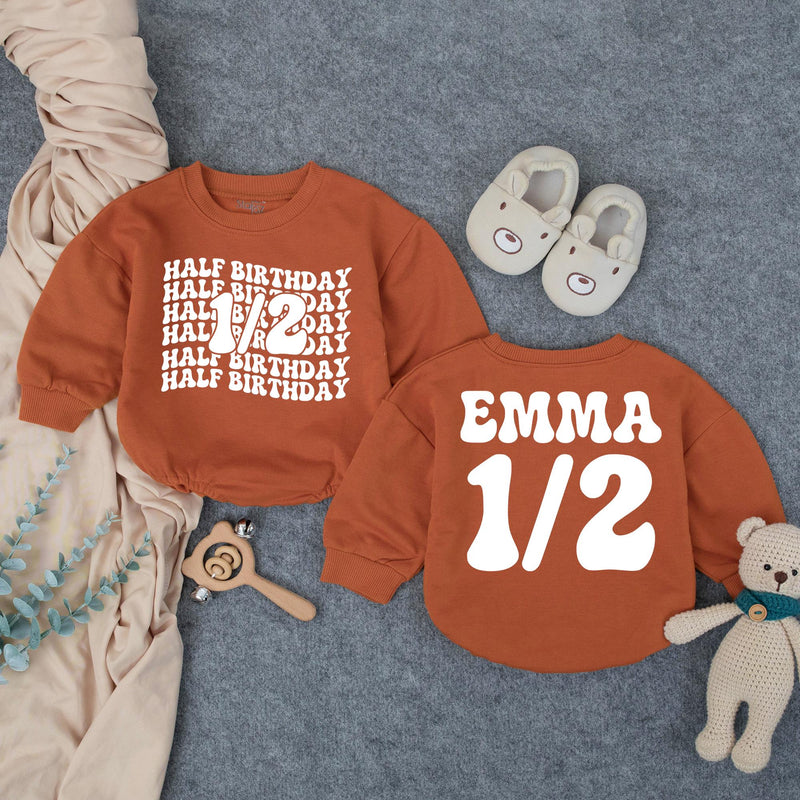Custom Half Birthday Baby Romper with Groovy Pink Retro Font, Perfect for Milestone Photos, Soft Cotton Outfit for Baby Girls, Half Way to One
