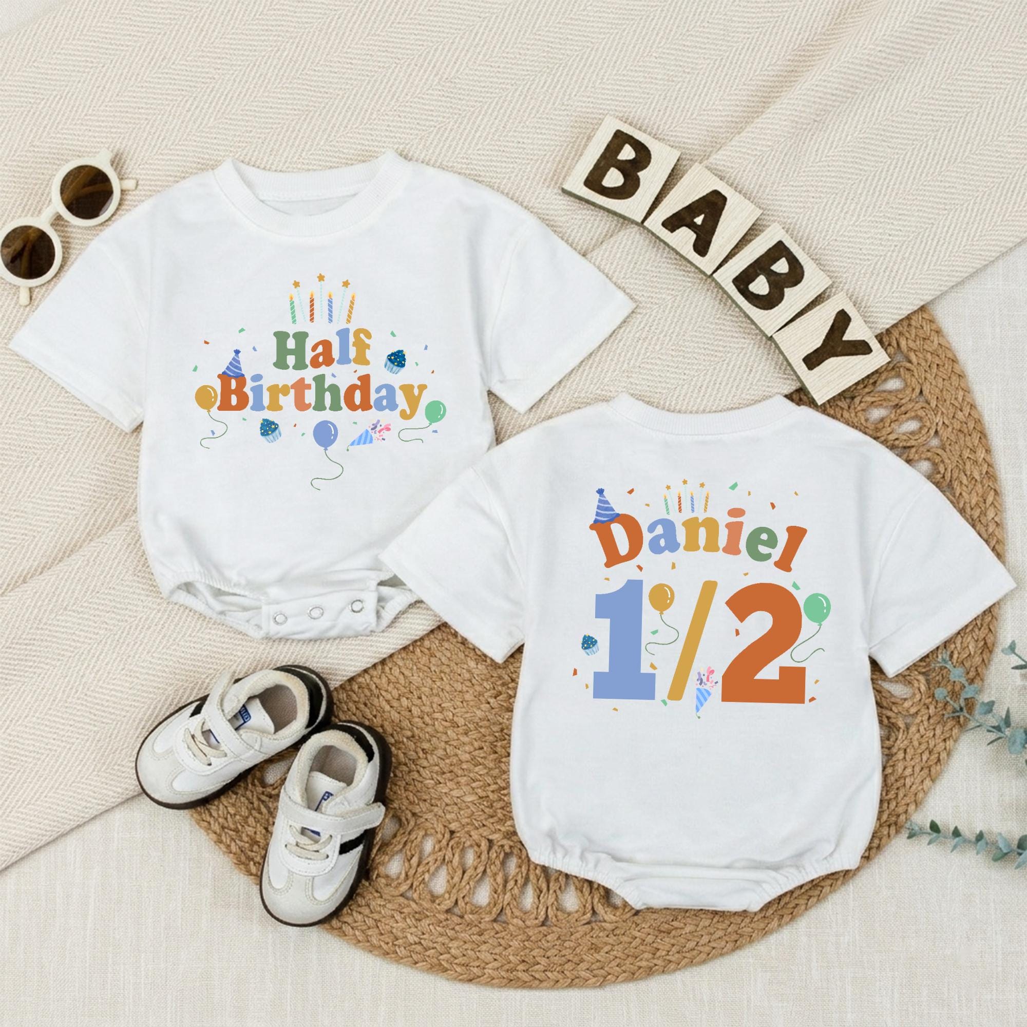 Custom Half Birthday Baby Romper with Name, 1/2 Milestone Outfit, Soft Cotton Short Sleeve Bodysuit, Perfect for 6-Month Celebrations