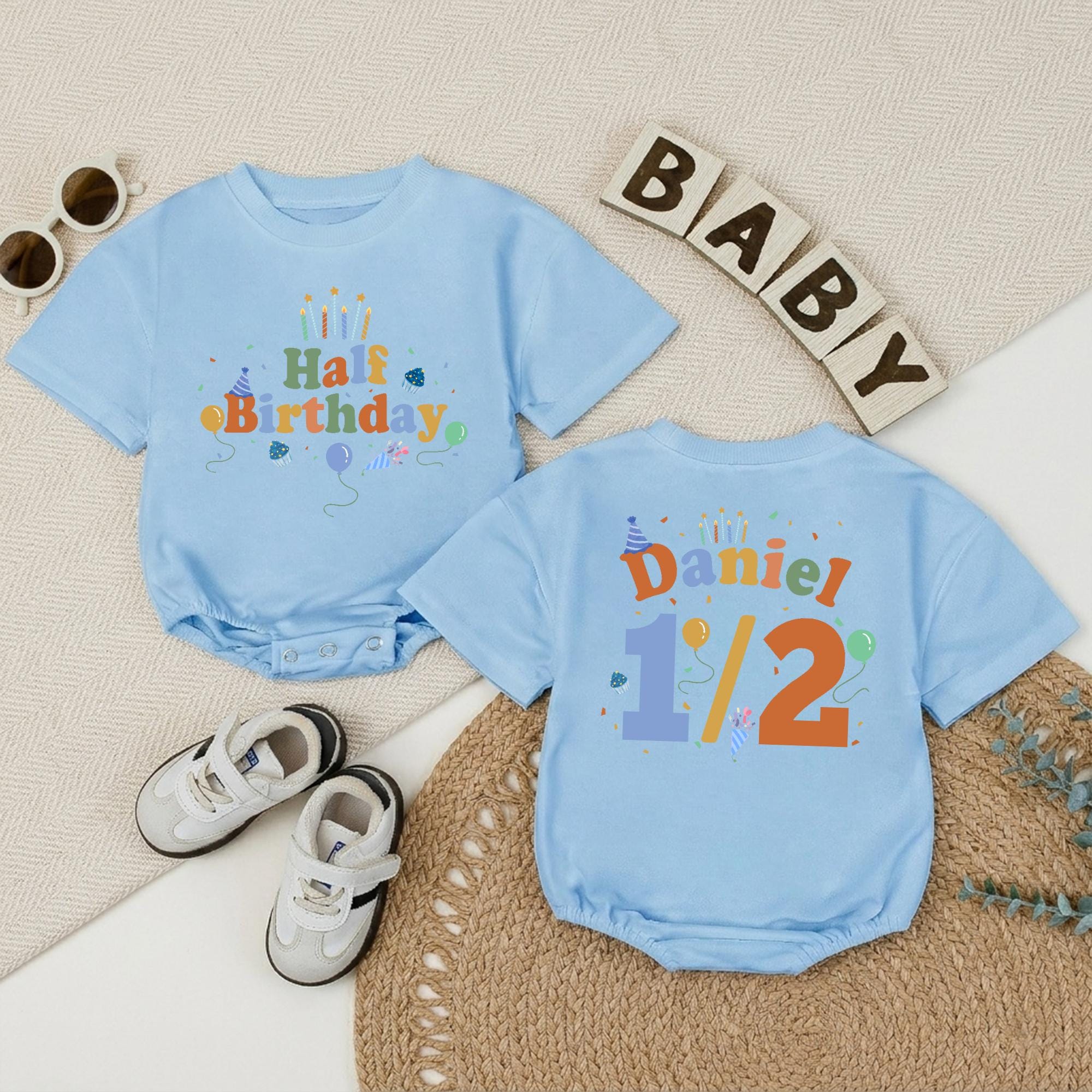 Custom Half Birthday Baby Romper with Name, 1/2 Milestone Outfit, Soft Cotton Short Sleeve Bodysuit, Perfect for 6-Month Celebrations