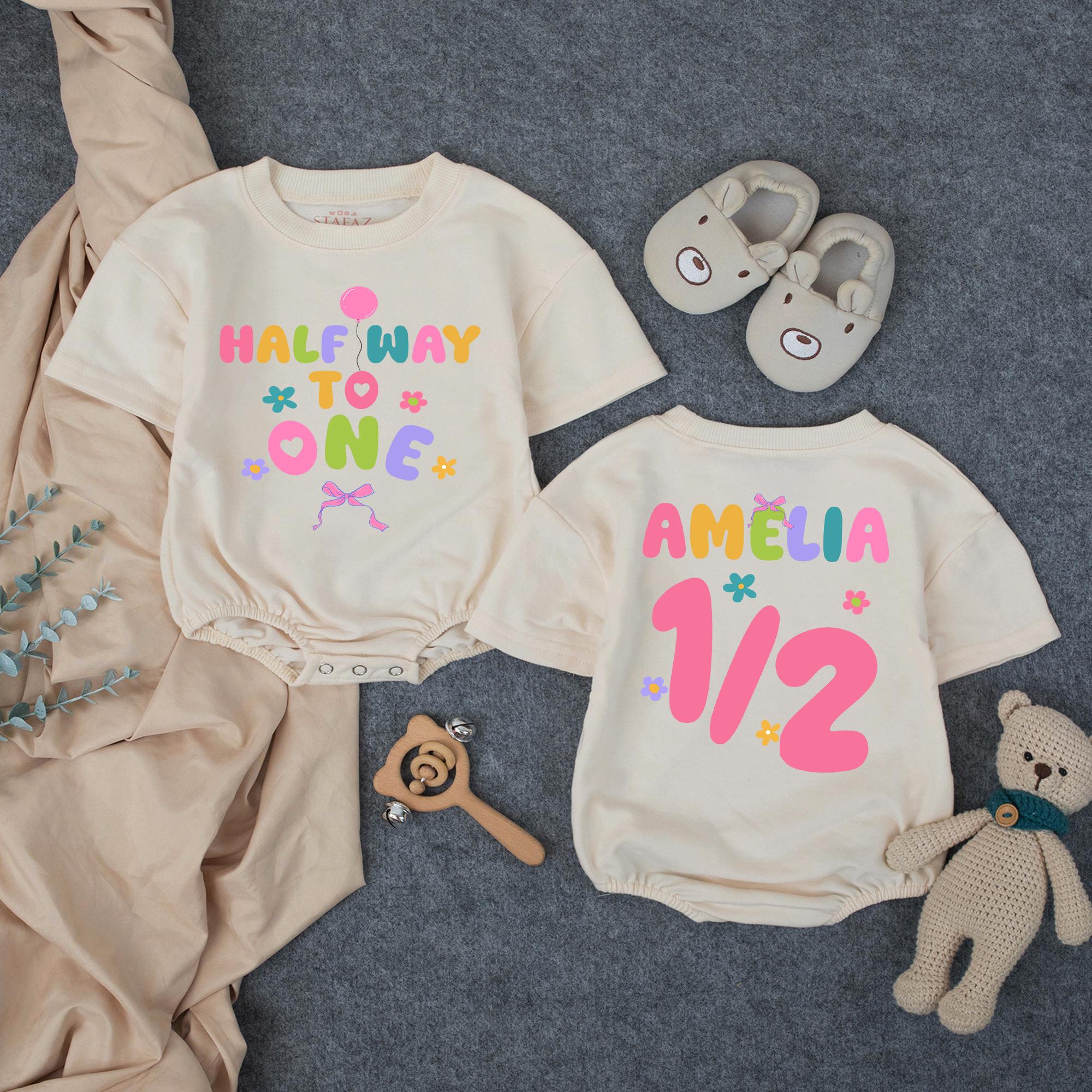 Custom Half Birthday Girl Romper with Bubble Font Floral Design 6 Month Outfit Celebration Clothes Pink Balloon Bow Cotton Milestone Gift