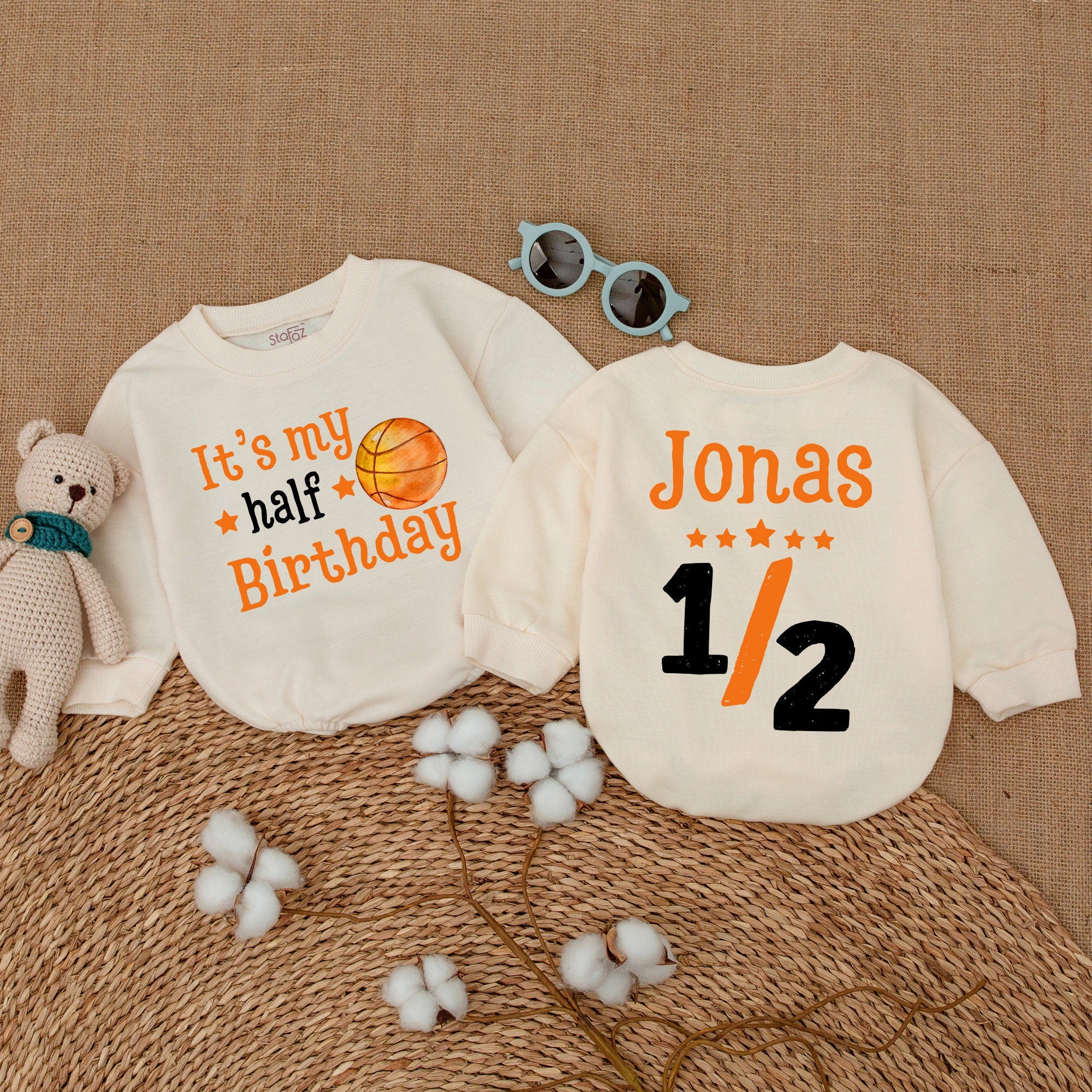 Custom Half Birthday Romper for Baby Boys Basketball Theme with Name Jonas and Fun Stars 6 Months Outfit Cheerful Orange Design