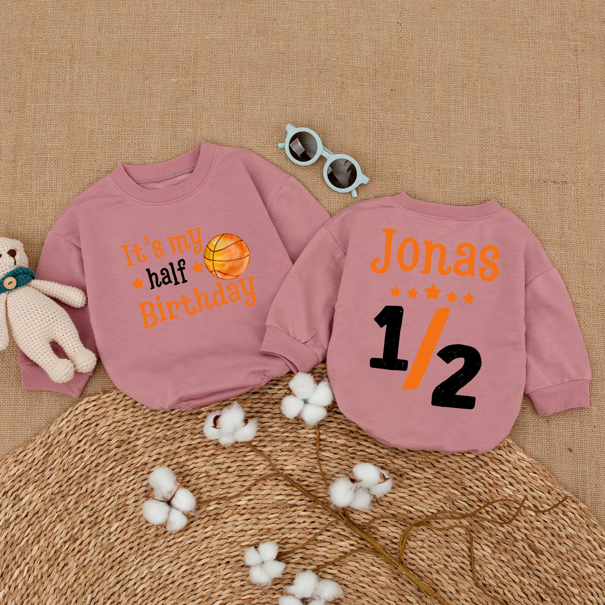 Custom Half Birthday Romper for Baby Boys Basketball Theme with Name Jonas and Fun Stars 6 Months Outfit Cheerful Orange Design