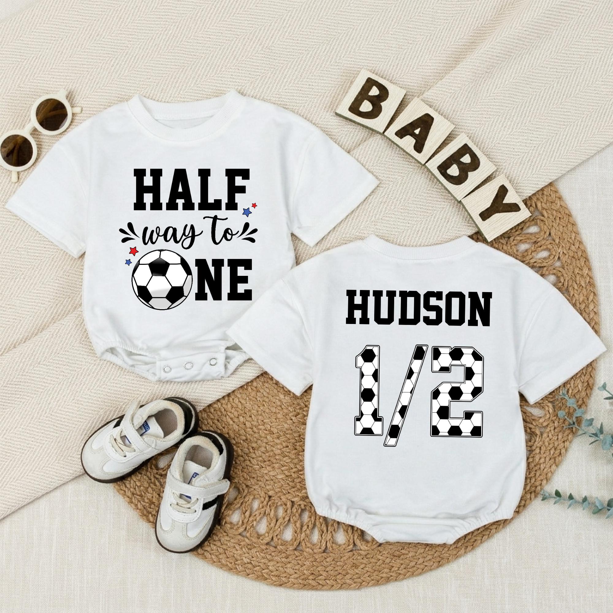 Custom Half Birthday Soccer Romper for Baby Boys, Half Way to One Outfit, Soft Cotton Short or Long Sleeve, Personalized 1/2 Milestone Gift