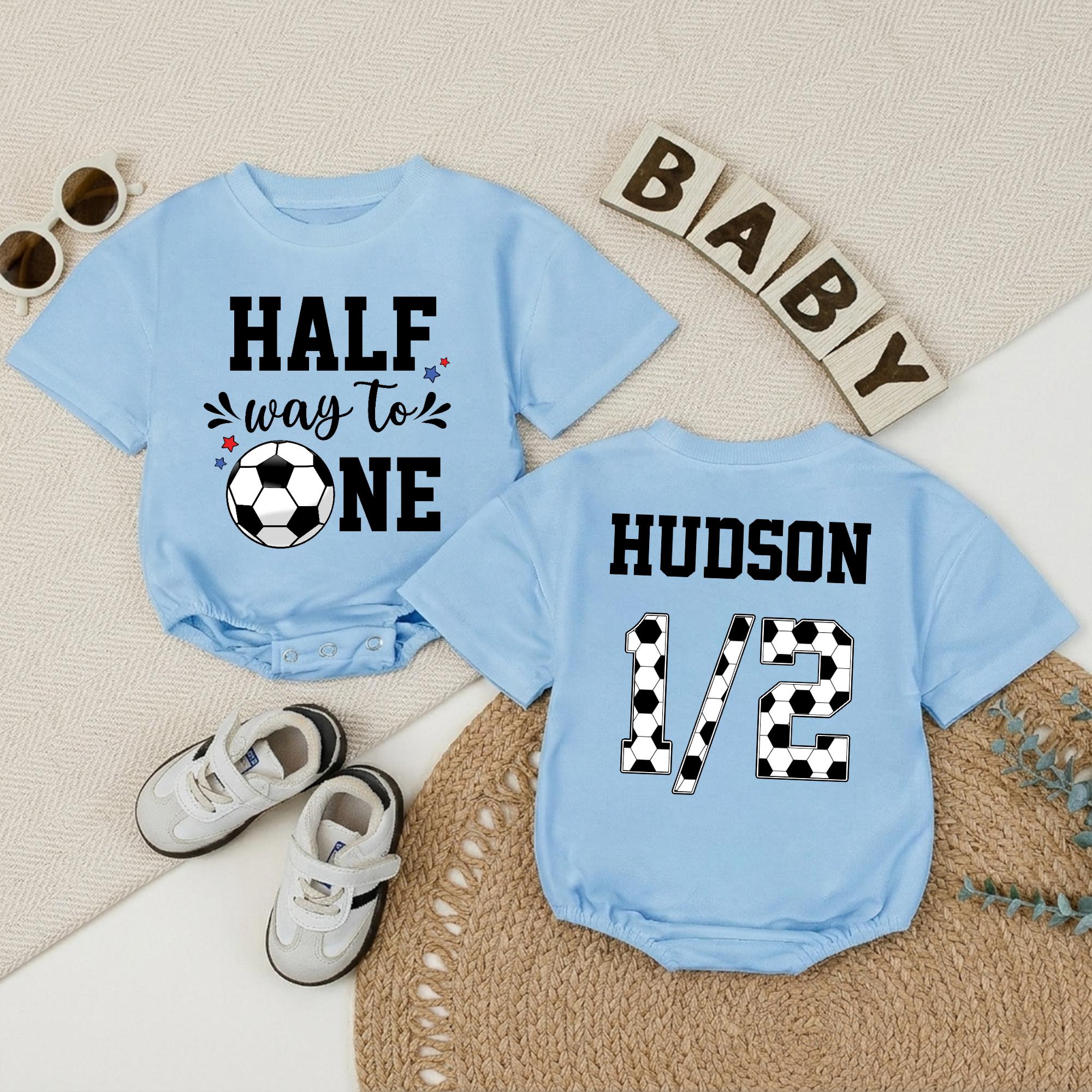 Custom Half Birthday Soccer Romper for Baby Boys, Half Way to One Outfit, Soft Cotton Short or Long Sleeve, Personalized 1/2 Milestone Gift