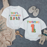 Custom Half-a-saurus Baby Romper with Dino Artwork, Personalized Name & Age, Soft Cotton Outfit for 6-Month Milestones & Cake Smash