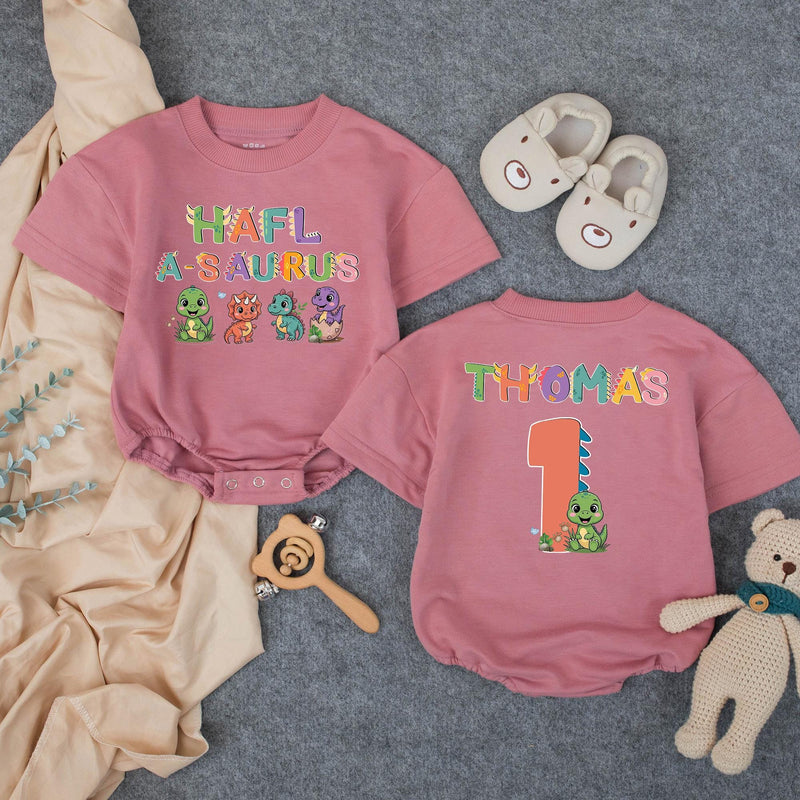 Custom Half-a-saurus Baby Romper with Dino Artwork, Personalized Name & Age, Soft Cotton Outfit for 6-Month Milestones & Cake Smash