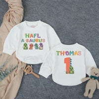 Custom Half-a-saurus Baby Romper with Dino Artwork, Personalized Name & Age, Soft Cotton Outfit for 6-Month Milestones & Cake Smash