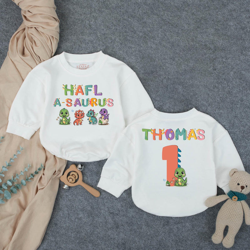 Custom Half-a-saurus Baby Romper with Dino Artwork, Personalized Name & Age, Soft Cotton Outfit for 6-Month Milestones & Cake Smash