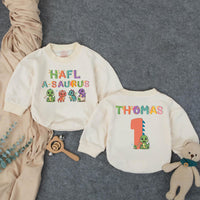 Custom Half-a-saurus Baby Romper with Dino Artwork, Personalized Name & Age, Soft Cotton Outfit for 6-Month Milestones & Cake Smash