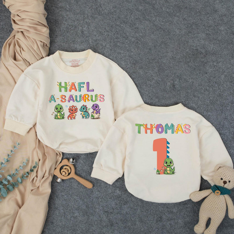 Custom Half-a-saurus Baby Romper with Dino Artwork, Personalized Name & Age, Soft Cotton Outfit for 6-Month Milestones & Cake Smash