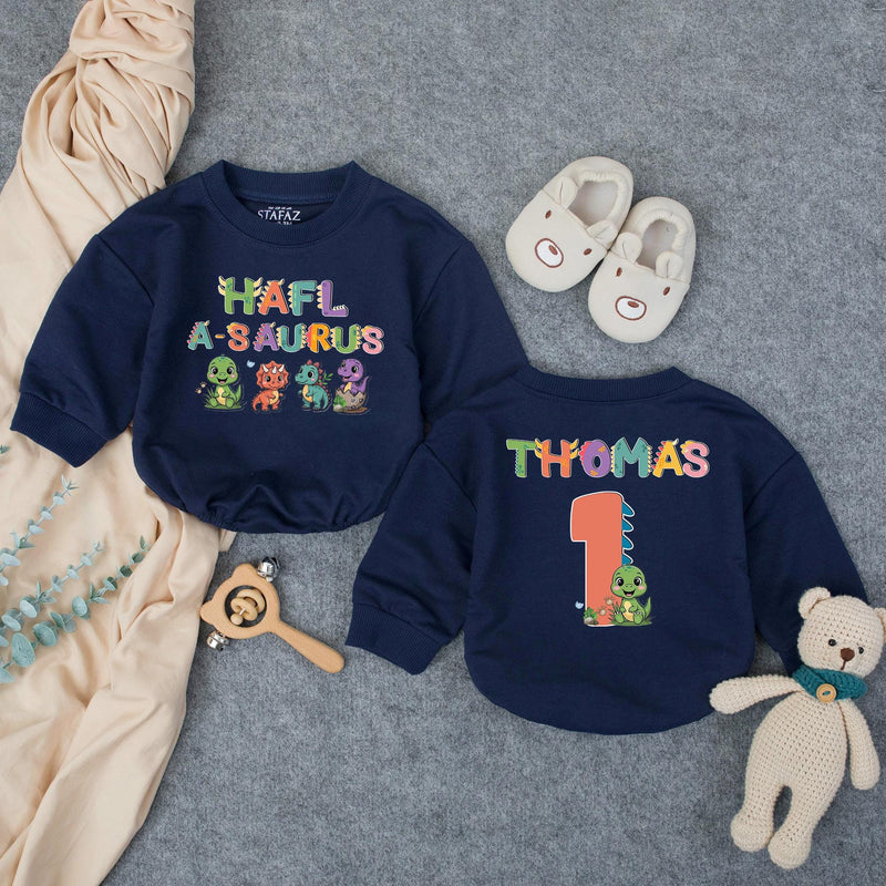 Custom Half-a-saurus Baby Romper with Dino Artwork, Personalized Name & Age, Soft Cotton Outfit for 6-Month Milestones & Cake Smash