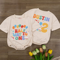 Custom Half Way to One Baby Romper with Balloons and Cupcake Print, Personalized Name and Age, Soft Cotton Long Sleeve Outfit for 6-Month Milestone