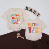 Custom Half Way to One Baby Romper with Balloons and Cupcake Print, Personalized Name and Age, Soft Cotton Long Sleeve Outfit for 6-Month Milestone