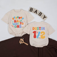 Custom Half Way to One Baby Romper with Balloons and Cupcake Print, Personalized Name and Age, Soft Cotton Long Sleeve Outfit for 6-Month Milestone
