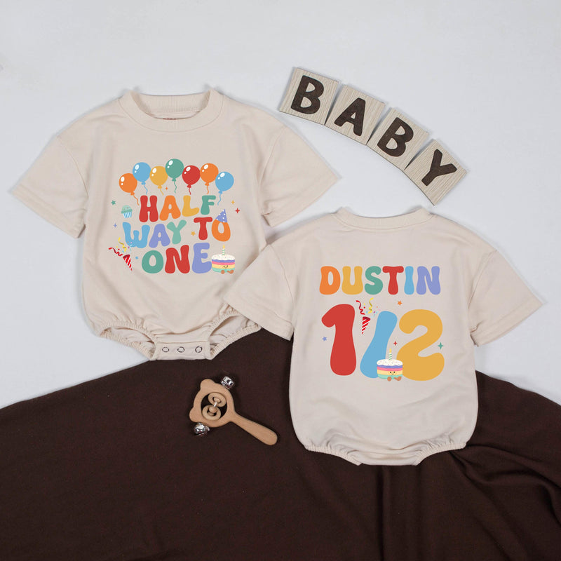 Custom Half Way to One Baby Romper with Balloons and Cupcake Print, Personalized Name and Age, Soft Cotton Long Sleeve Outfit for 6-Month Milestone
