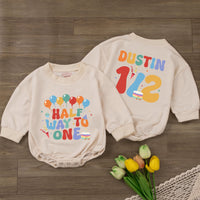 Custom Half Way to One Baby Romper with Balloons and Cupcake Print, Personalized Name and Age, Soft Cotton Long Sleeve Outfit for 6-Month Milestone