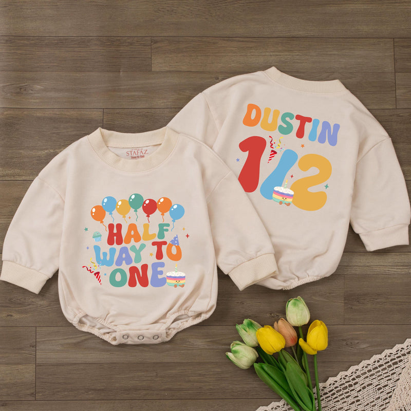 Custom Half Way to One Baby Romper with Balloons and Cupcake Print, Personalized Name and Age, Soft Cotton Long Sleeve Outfit for 6-Month Milestone