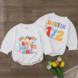 Custom Half Way to One Baby Romper with Balloons and Cupcake Print, Personalized Name and Age, Soft Cotton Long Sleeve Outfit for 6-Month Milestone