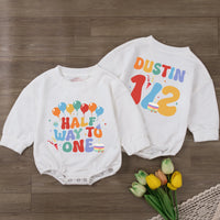 Custom Half Way to One Baby Romper with Balloons and Cupcake Print, Personalized Name and Age, Soft Cotton Long Sleeve Outfit for 6-Month Milestone