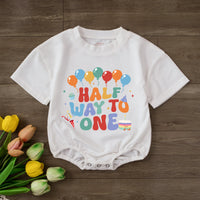 Custom Half Way to One Baby Romper with Balloons and Cupcake Print, Personalized Name and Age, Soft Cotton Long Sleeve Outfit for 6-Month Milestone