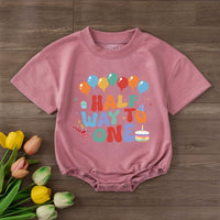 Custom Half Way to One Baby Romper with Balloons and Cupcake Print, Personalized Name and Age, Soft Cotton Long Sleeve Outfit for 6-Month Milestone