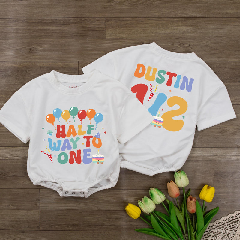 Custom Half Way to One Baby Romper with Balloons and Cupcake Print, Personalized Name and Age, Soft Cotton Long Sleeve Outfit for 6-Month Milestone