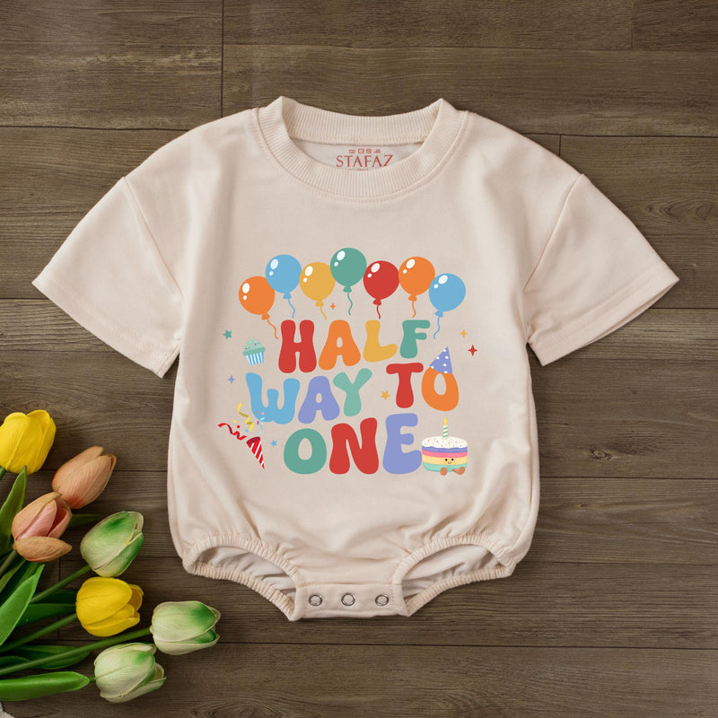 Custom Half Way to One Baby Romper with Balloons and Cupcake Print, Personalized Name and Age, Soft Cotton Long Sleeve Outfit for 6-Month Milestone