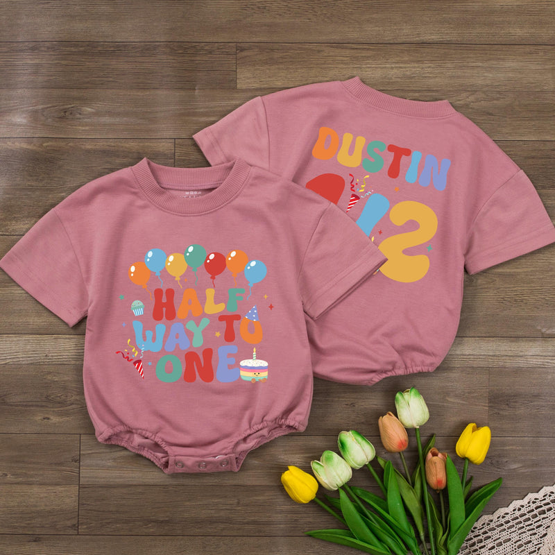 Custom Half Way to One Baby Romper with Balloons and Cupcake Print, Personalized Name and Age, Soft Cotton Long Sleeve Outfit for 6-Month Milestone