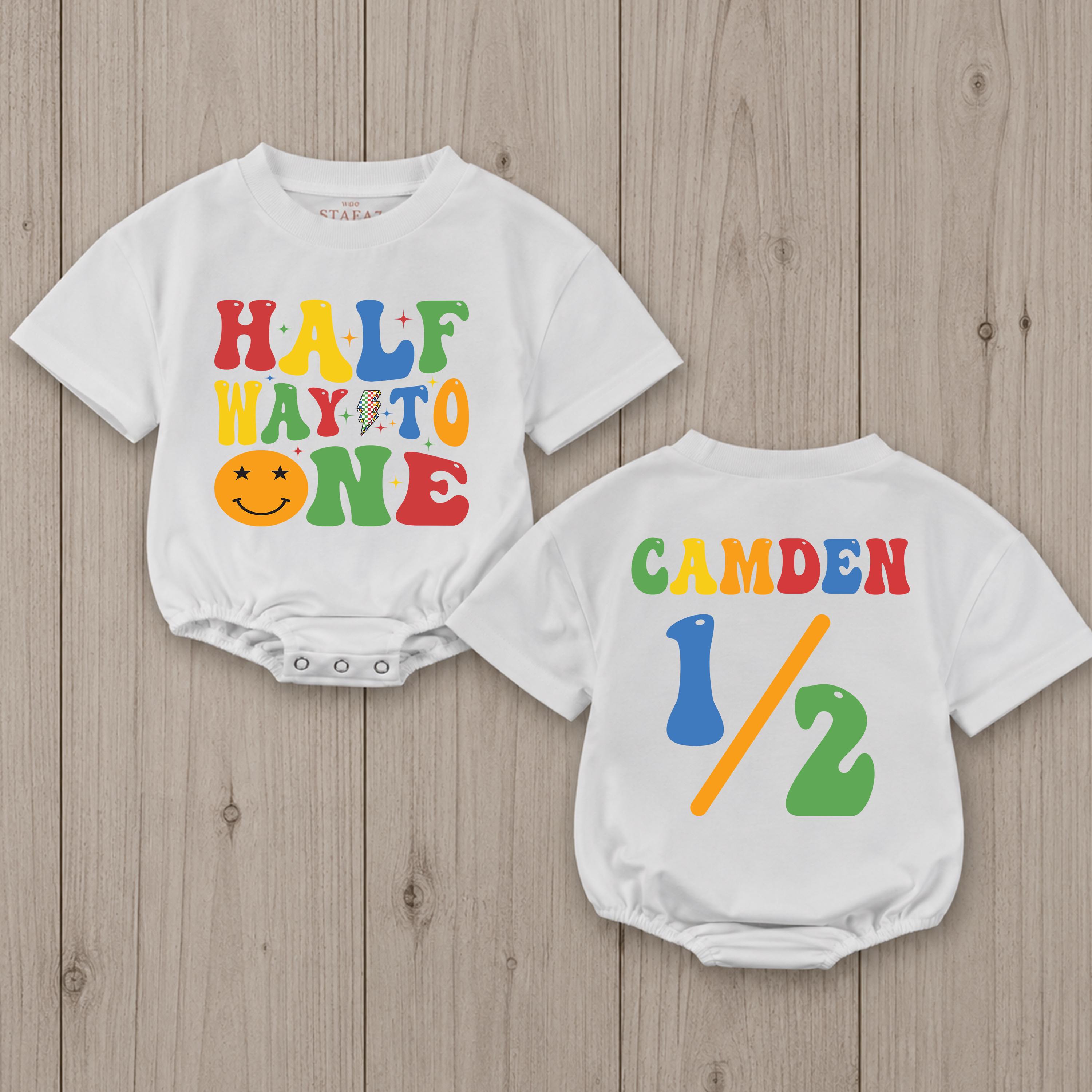 Custom Half Way to One Baby Romper with Colorful Design, Smiley Face Graphic, Soft Cotton Bodysuit for 6 Month Birthday Celebration