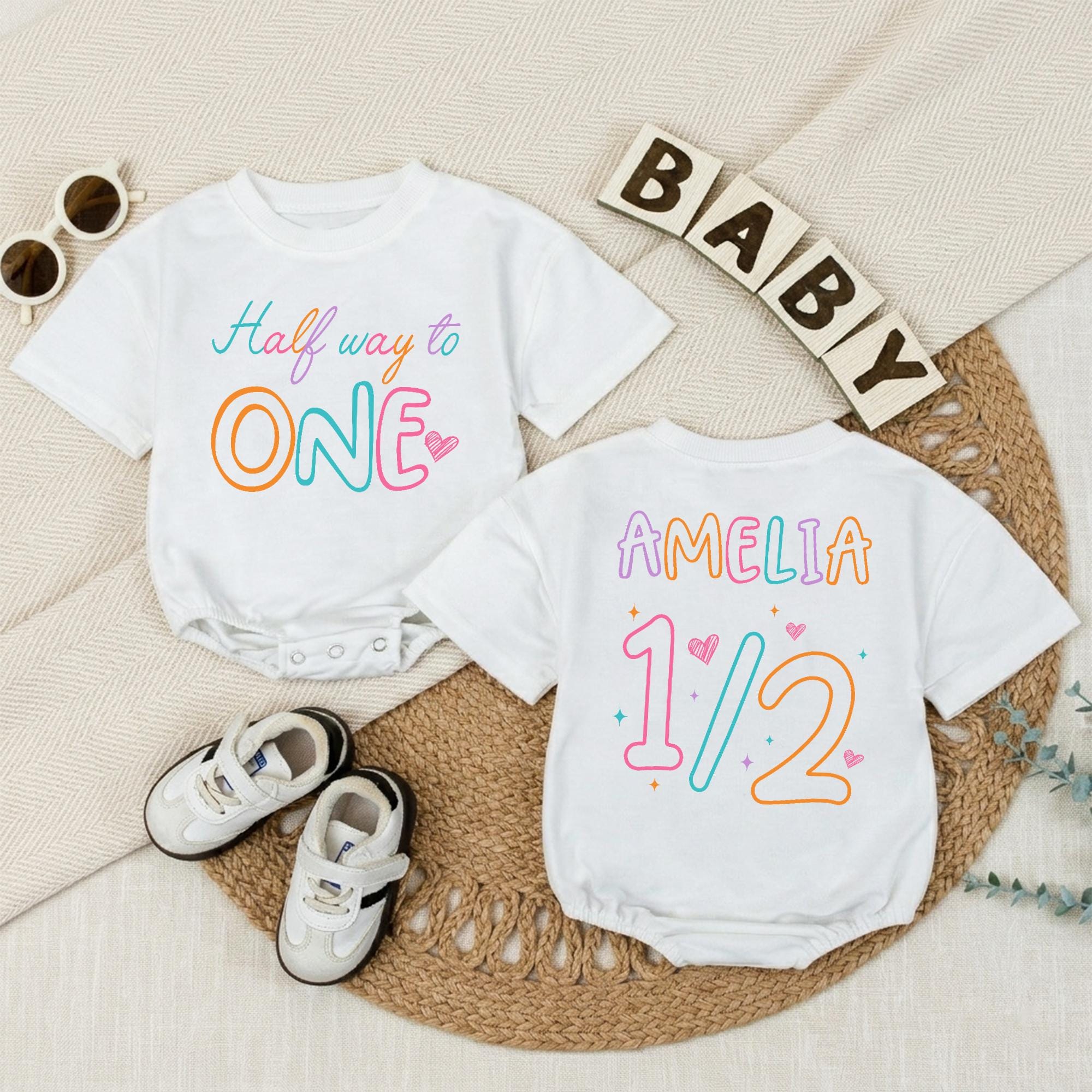 Custom Half Way to One Baby Romper with Name, 1/2 Birthday Outfit for 6 Months, Soft Cotton Milestone Clothes, Perfect Baby Gift