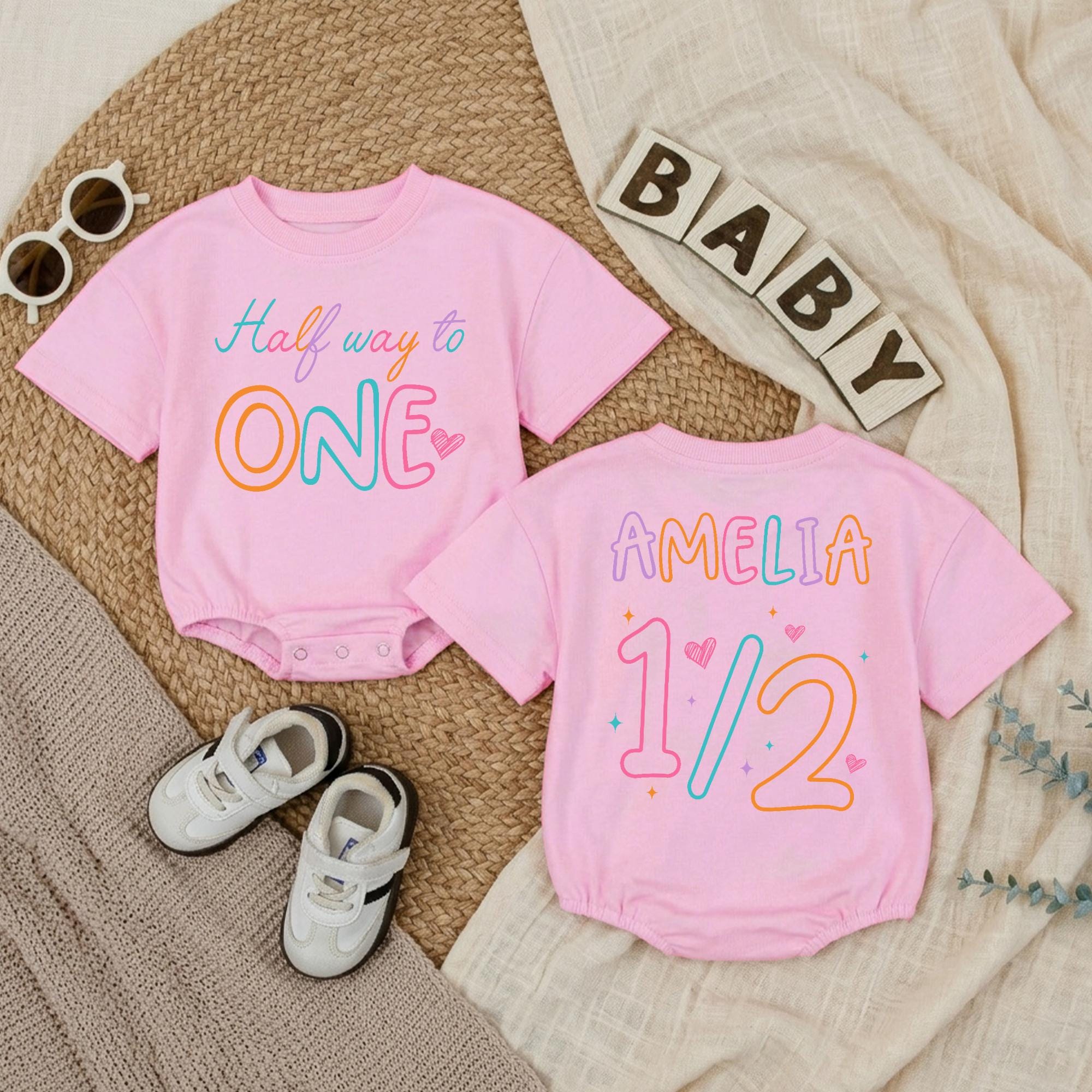 Custom Half Way to One Baby Romper with Name, 1/2 Birthday Outfit for 6 Months, Soft Cotton Milestone Clothes, Perfect Baby Gift