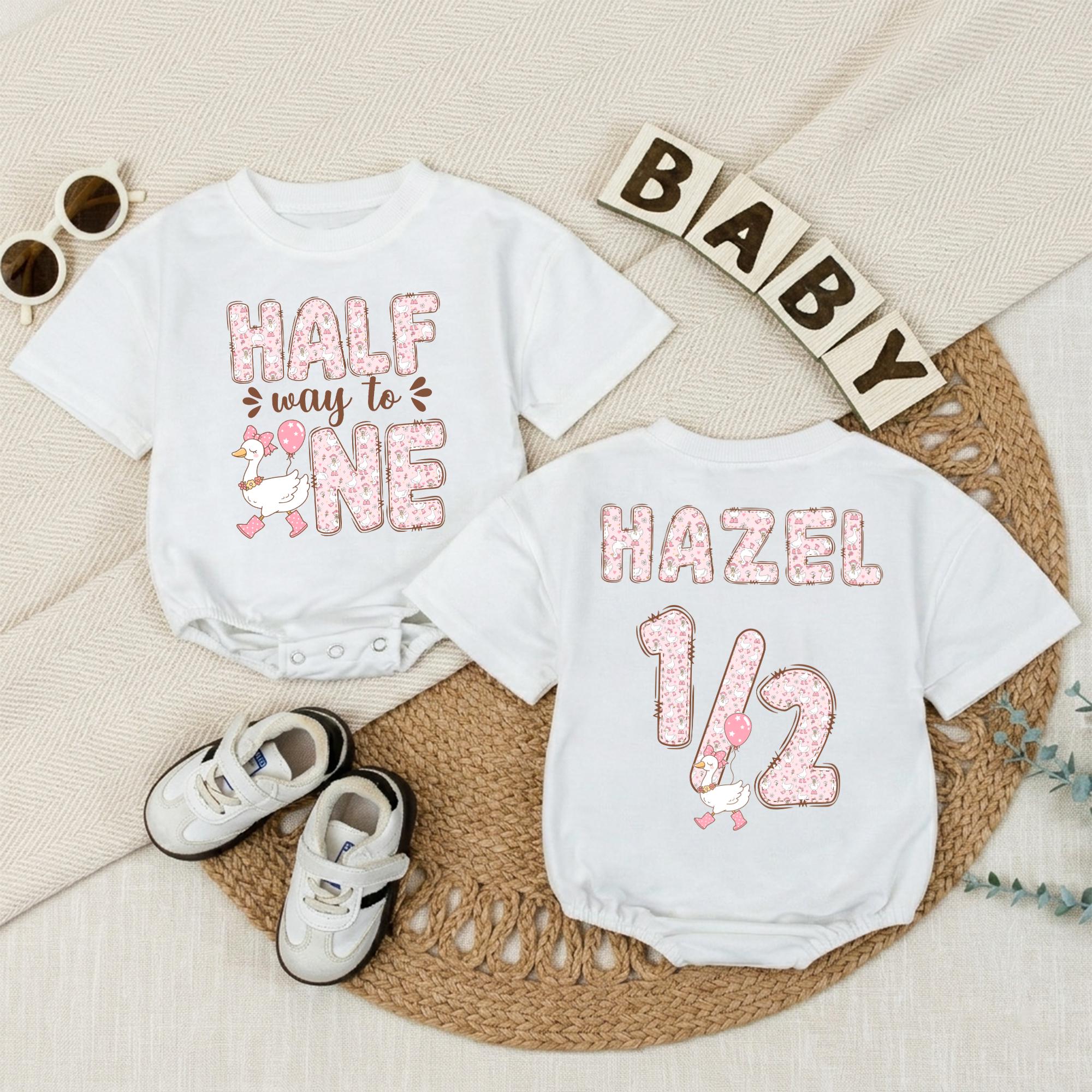 Custom Half Way to One Baby Romper with Silly Goose Design, Soft Cotton Outfit for 6-Month Baby Girls, Perfect Half Birthday Gift Idea