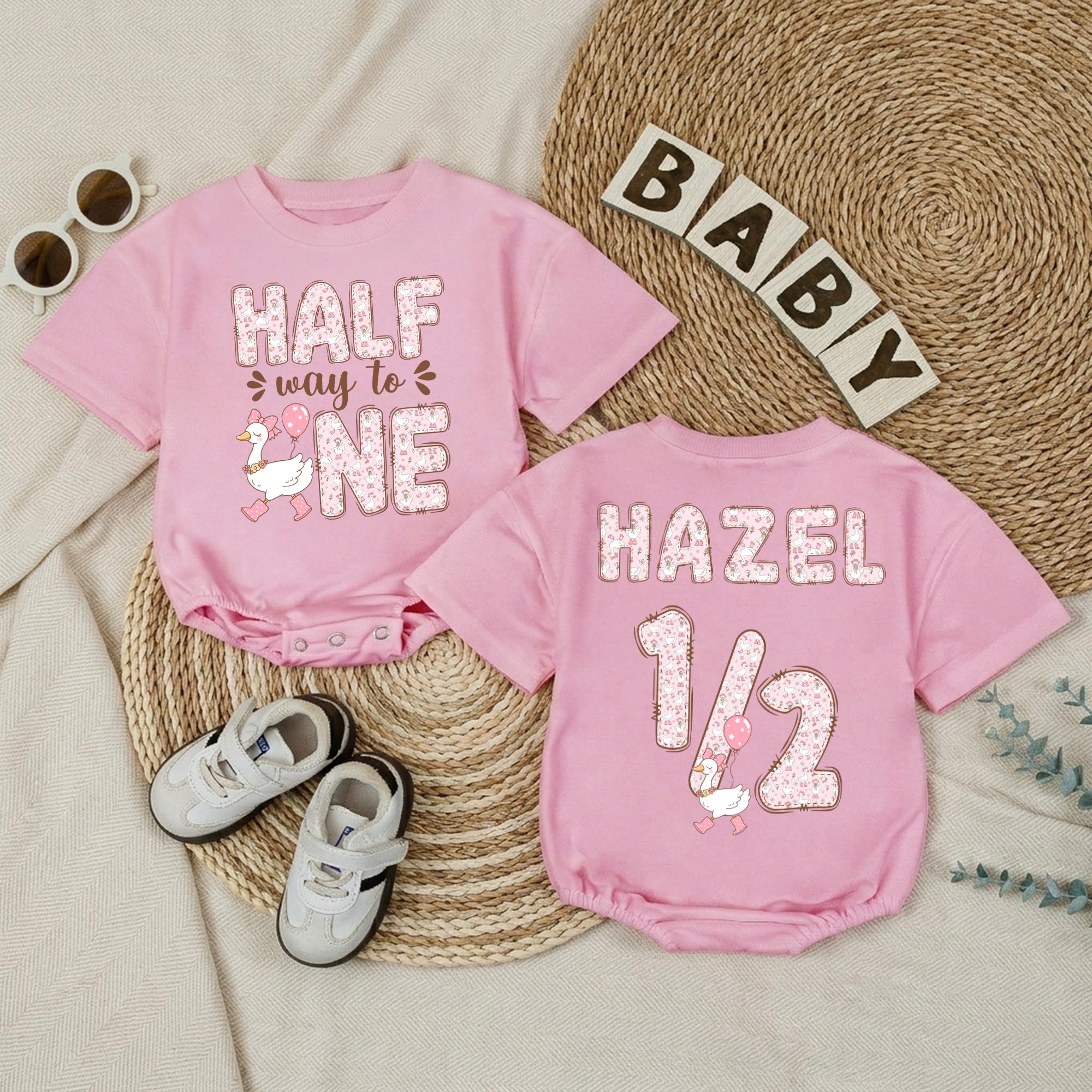 Custom Half Way to One Baby Romper with Silly Goose Design, Soft Cotton Outfit for 6-Month Baby Girls, Perfect Half Birthday Gift Idea
