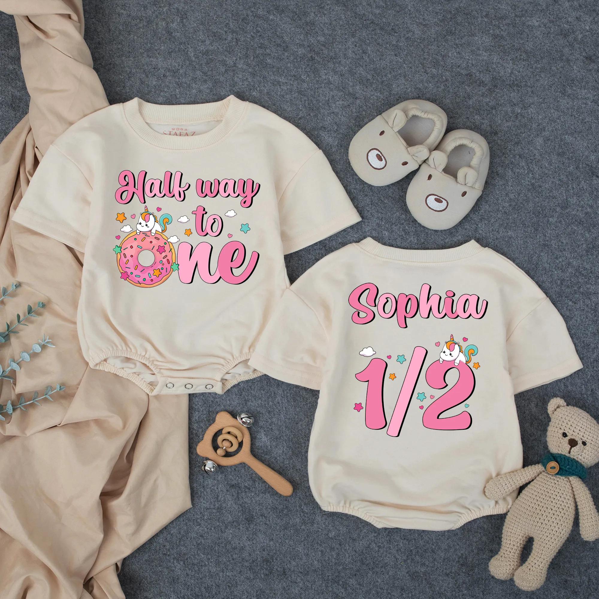 Custom Half Way to One Donut Baby Romper, 6 Month Milestone Outfit, Personalized Cotton Short or Long Sleeve Bodysuit for Infants