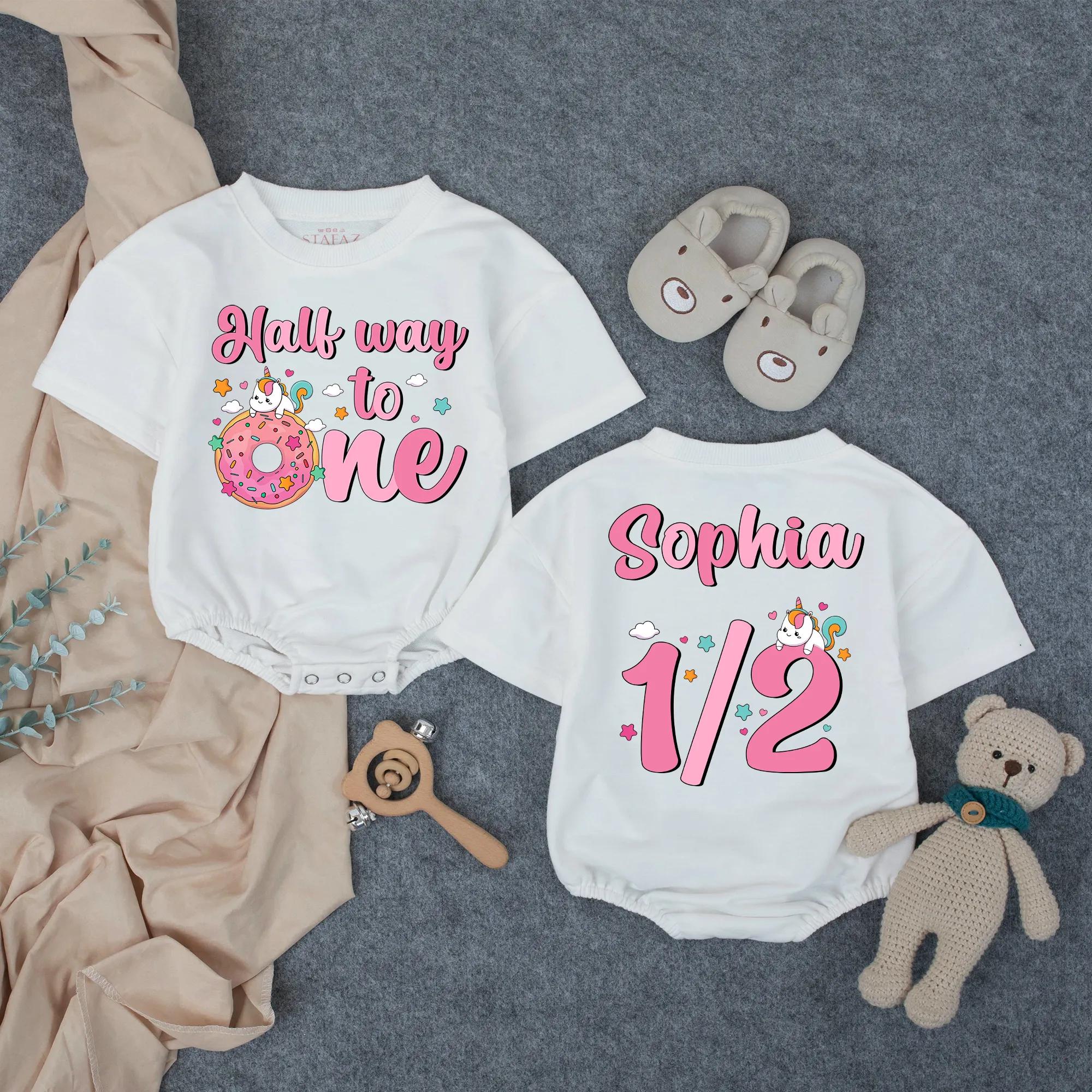 Custom Half Way to One Donut Baby Romper, 6 Month Milestone Outfit, Personalized Cotton Short or Long Sleeve Bodysuit for Infants