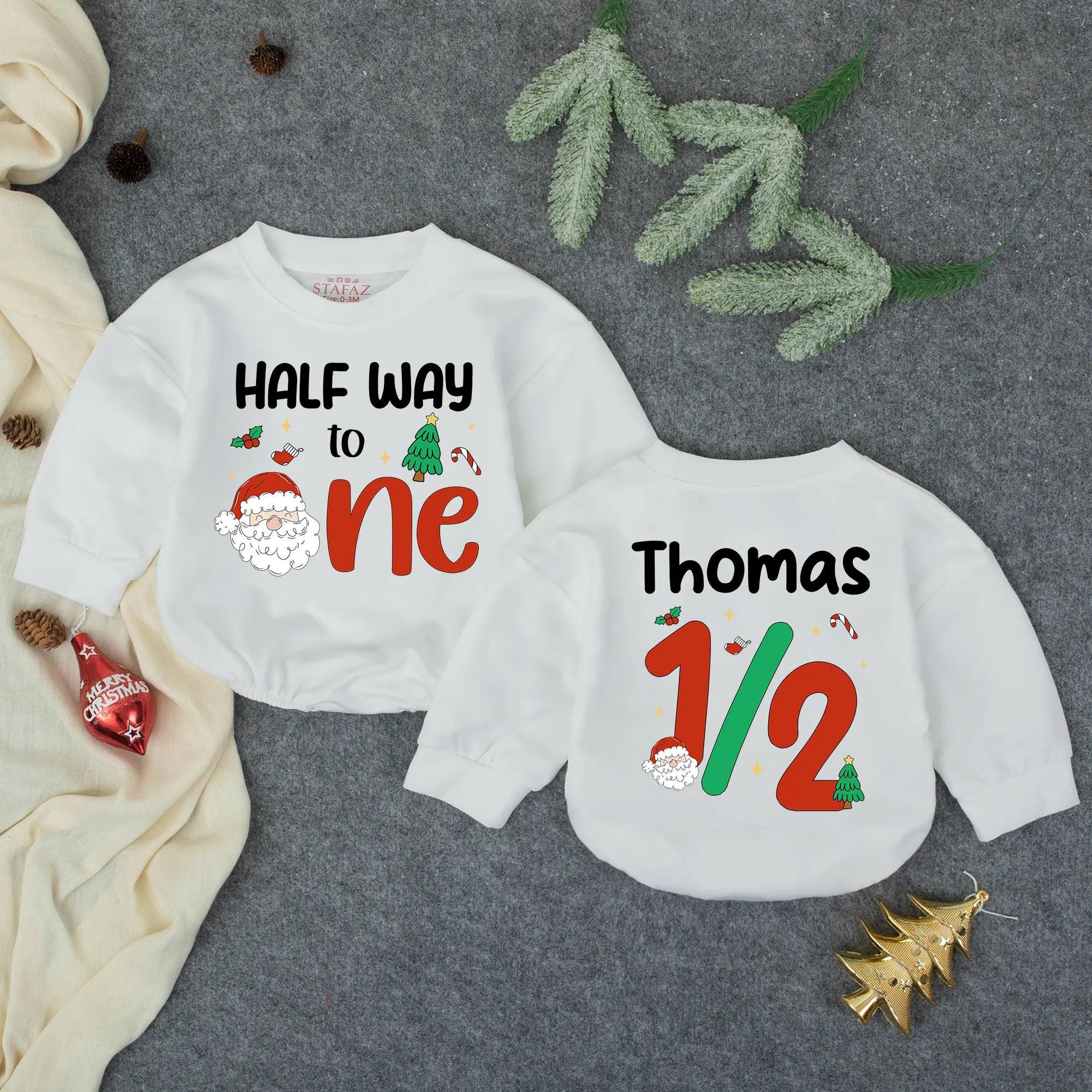 Custom Half Way to One Romper with Santa and Holiday Motifs, Personalized Baby 6-Month Outfit, Soft Cotton Long Sleeve for Boys or Girls